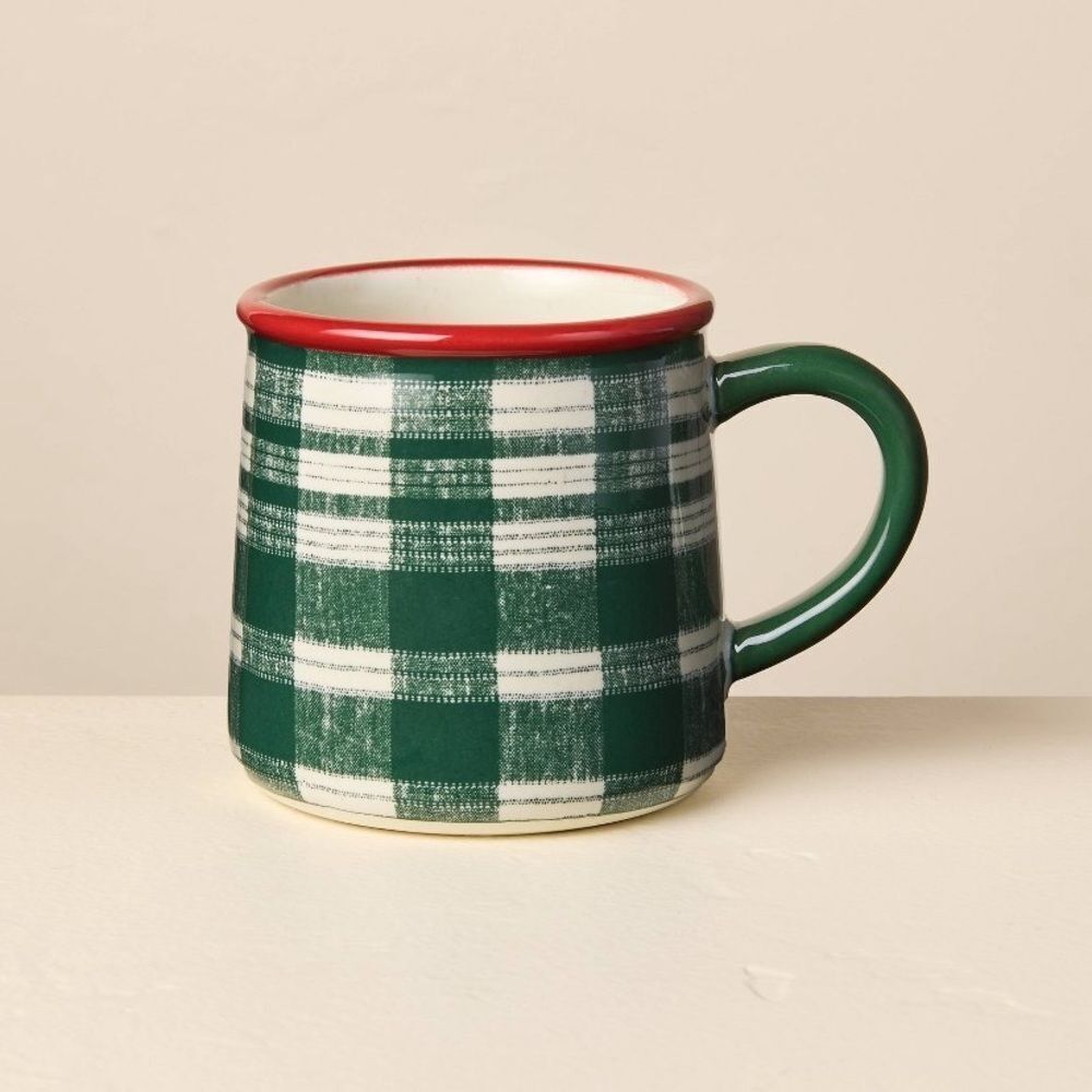 Hearth & Hand Stoneware Holiday Plaid Green and Red 14 Oz Mug